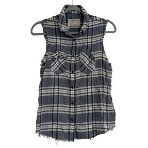 AllSaints Spitalfields Sleeveless Top Women 6 Blue Plaid Raw Hem Distressed